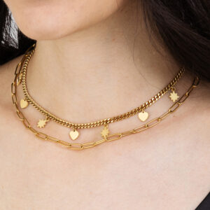Collana donna in acciaio IP gold multifilo con stelle e cuori