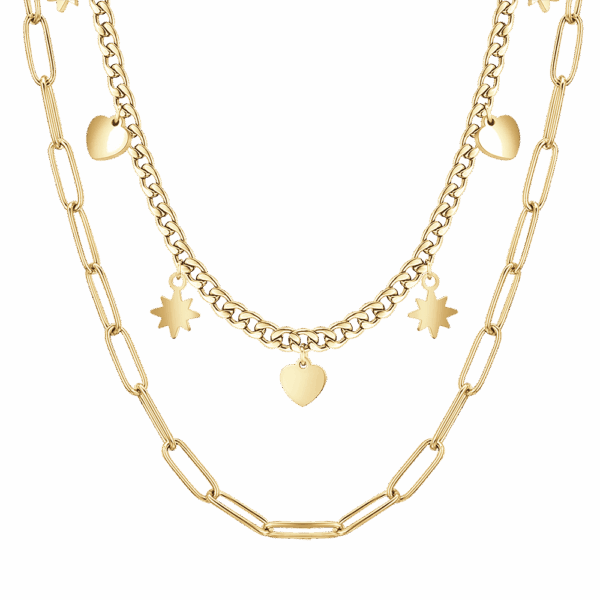 Collana donna in acciaio IP gold multifilo con stelle e cuori - immagine 5