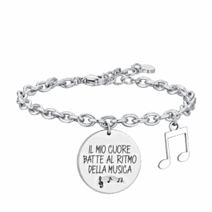 Bracciale donna in acciaio con scritta "Il mio cuore batte a ritmo della musica"