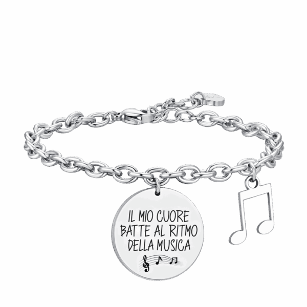 Bracciale donna in acciaio con scritta "Il mio cuore batte a ritmo della musica"