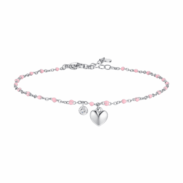 Cavigliera donna in acciaio con cuore, cristallo e pietre rosa