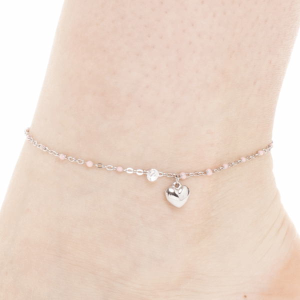 Cavigliera donna in acciaio con cuore, cristallo e pietre rosa - immagine 3