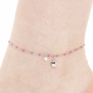 Cavigliera donna in acciaio con stella, cristallo e pietre fucsia