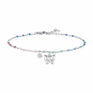 Cavigliera donna in acciaio con farfalla, cristallo e pietre multicolor
