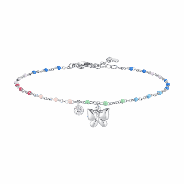 Cavigliera donna in acciaio con farfalla, cristallo e pietre multicolor