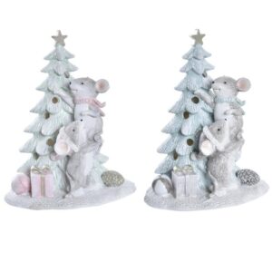 Coppia di topini con Albero di Natale in resina e LED