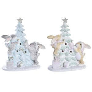 Coppia di coniglietti con Albero di Natale in resina e LED